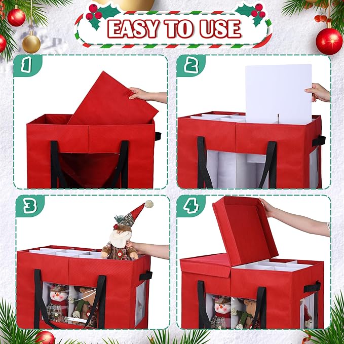 Christmas Figurine Storage Box, 24”x18”x15” Ornament Storage Box, 2025 UpgradeNutcracker Storage Box, Figurine Storage with Dividers, Adjustable Extent Area for Figurines and Pocket, Red