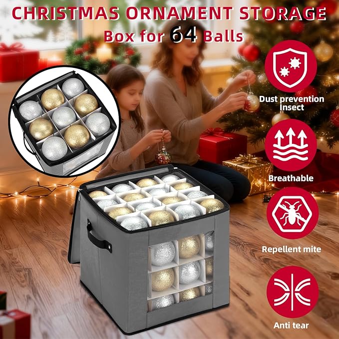 Christmas Ornament Storage Box With Adjustable Dividers,Ornament Storage Container with Two Handles for 64Holiday Decorations,Gray