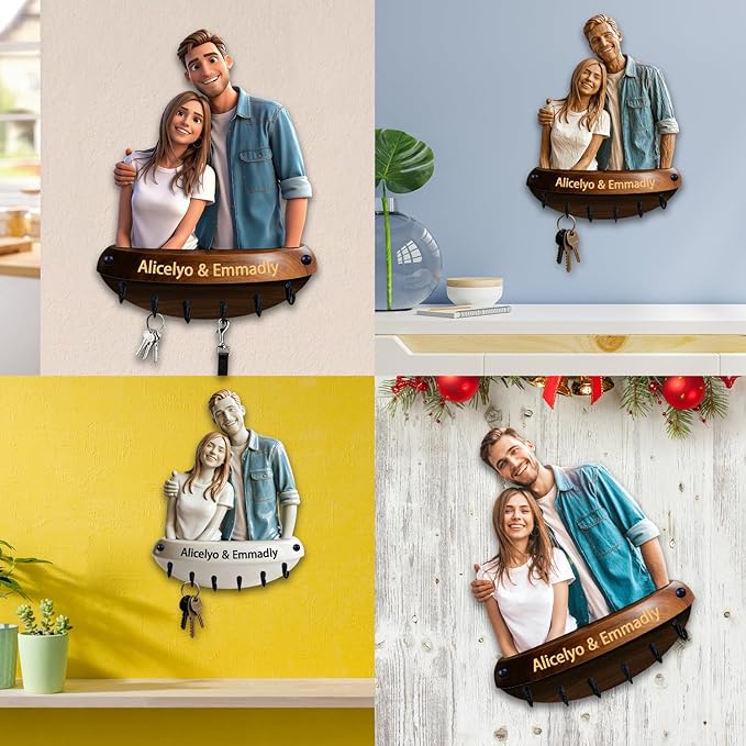 Custom Photo Wood Carving Style Wall Mounted Hook Custom Couple Picture Realistic Style 2D Key Storage Holder for Bedroom Living Room Hallway Couple Photo Coat Rack Home Decor Gift for Husband Wife