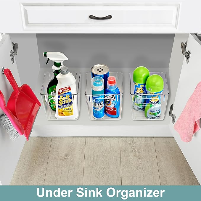 Sorbus 4 Pack Small Clear Plastic Storage Bins, Clear Organizer Bins with Handle for Kitchen, Pantry, Cabinet, Refrigerator, Craft, Toys, Clothes, Closet, Under Sink, Bathroom Organizers and Storage