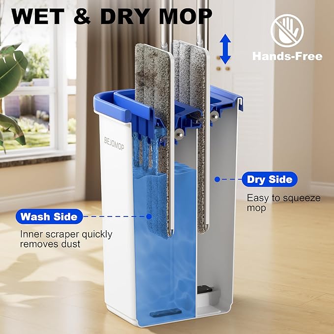 BEJOMOP Mop and Bucket Set with Wringer, Squeeze Wall Mop Cleaner with Long Handle, Flat Mop and Bucket System, Dry & Wet Dust Mops for Household Floor Cleaning with 3 Microfiber Mops, Slate Blue