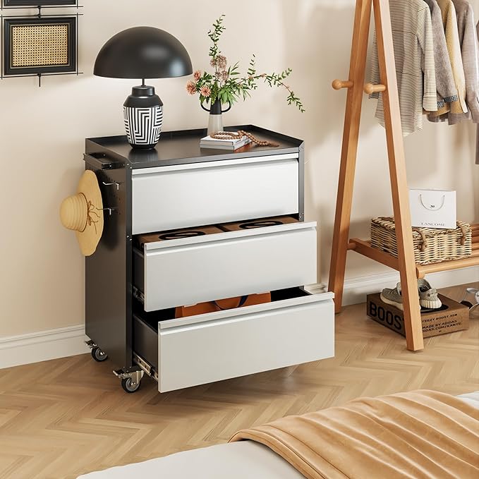 Aobabo Metal Storage Cabinet with Wheels, Garage Storage Cabinets with 3 Drawers and 4 Hooks for Garage, Warehouse, Home, Assembly Required, Black Silver