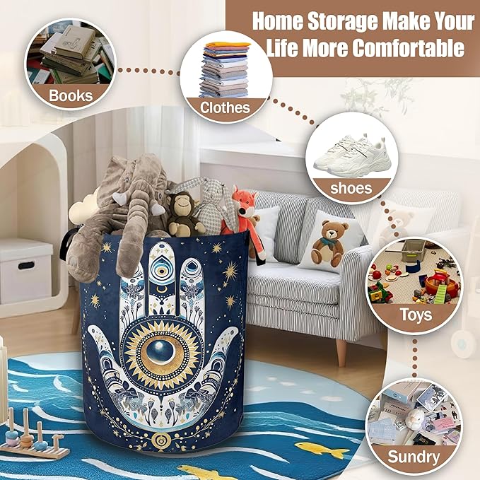 Blue Bohemia Evil Eye Laundry Baskets,Laundry Hamper,Storage Basket with Handles for Bathroom Bedroom College Dormitory Living Room Nursery Organizer 16"x20.8"