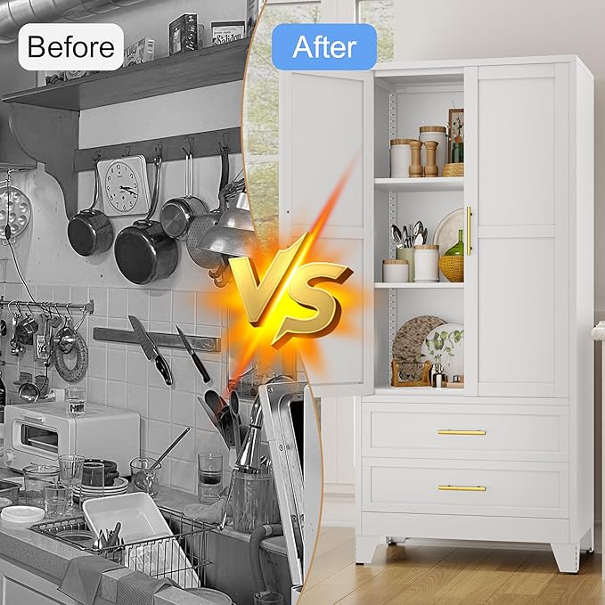 61" H Metal Pantry Storage Cabinet,Office File Cabinets with 2 Drawers and Shelves, Kitchen Cupboard Storage Cabinet for Bedroom and Dinning Room（White）