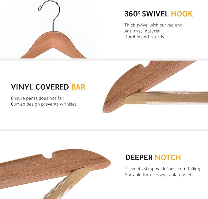 Quality Wooden Hangers - Slightly Curved Hanger Set - Solid Wood Coat Hangers with Stylish Chrome Hooks - Heavy-Duty Clothes, Jacket, Shirt, Pants, Suit Hangers (Natural, 10)