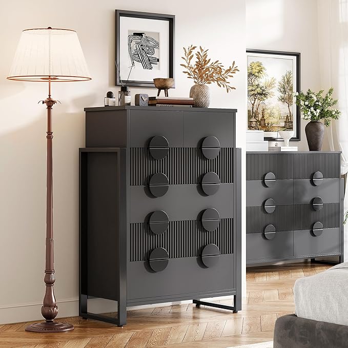 Fluted Dresser for Bedroom with 6 Drawers, 44.5" Tall Chest of Drawers with Raised H Legs and Curved Profile Design, Wood Closet Clothes Storage Organizer for Bedroom, Hallway, Black