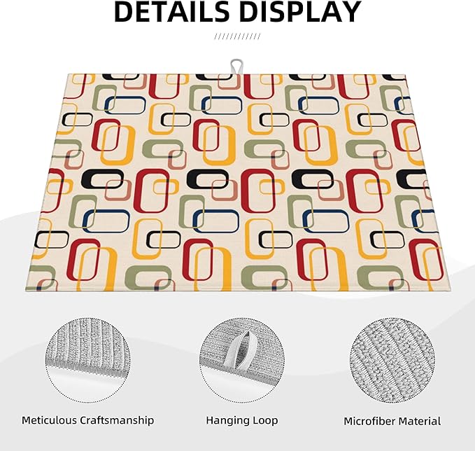 Mid Century Modern Retro Kitchen Drying Mat Vintage Decorative Microfiber Dish Drainer Mat for Kitchen Counter Absorbent Reusable Washable 18x24 Inch