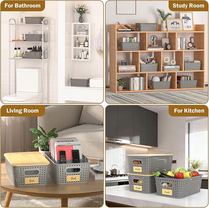 Stackable Storage Basket: Plastic Storage Bins, Baskets for Organizing, Pantry Decorative Containers for Closets, Cabinets, Shelves(8 Pack, Grey)