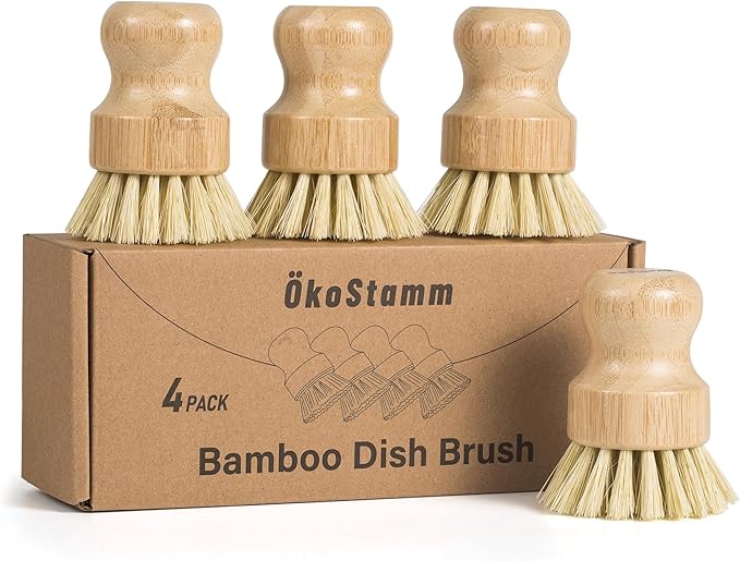 ÖkoStamm 4 Pack Bamboo Dish Brush, Natural Dish Scrubber with Sisal Bristle, Scrub Brush for Kitchen Cleaning Dishes, Pots, Pans, Bottles, Vegetables