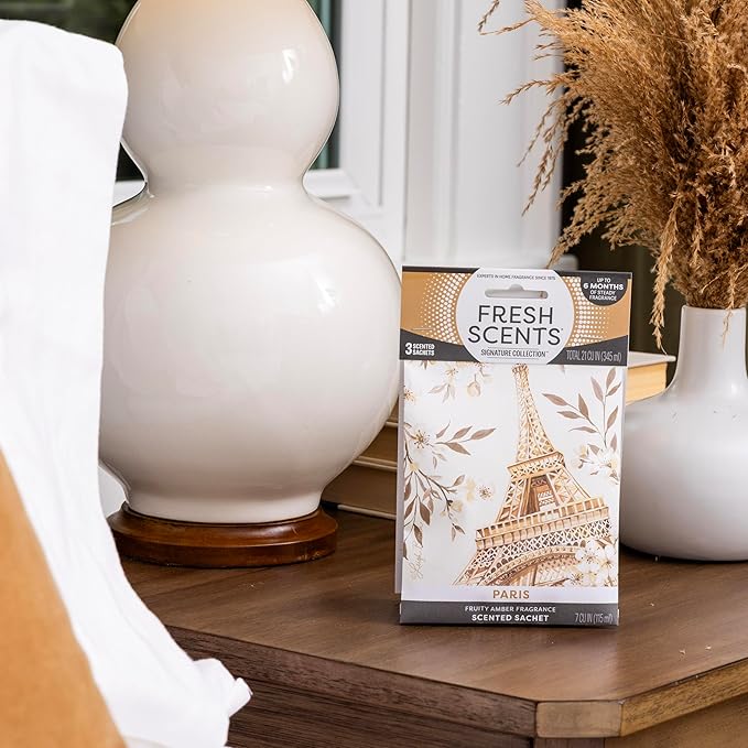 Fresh Scents Scented Sachets | Paris | Home Fragrance | Long Lasting (Up to 6 Months) | Air Freshener for Closets, Drawers, & Cars | 6 Pack