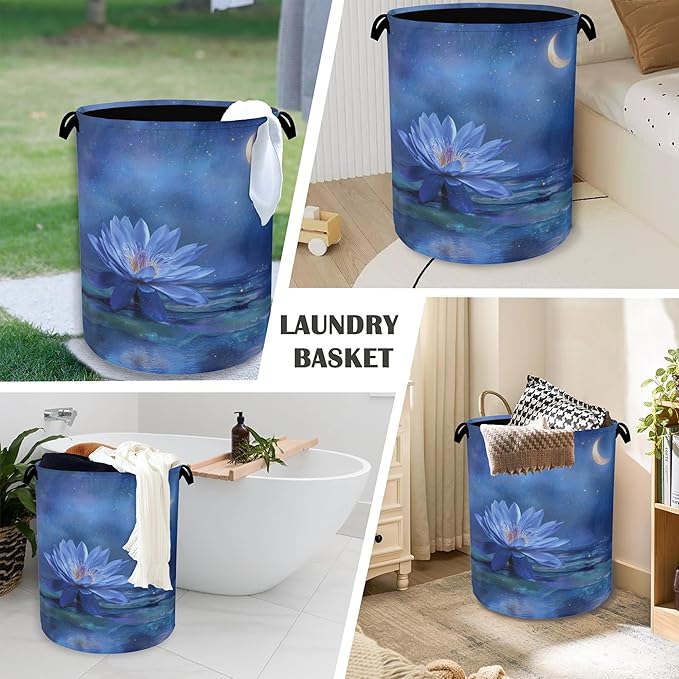 Water Lily Laundry Basket,Moon Oxford Cloth Laundry Hamper with Handle Foldable Portable Clothes Storage Basket for Bathroom Bedroom Dorm Room 16" x 20.8"