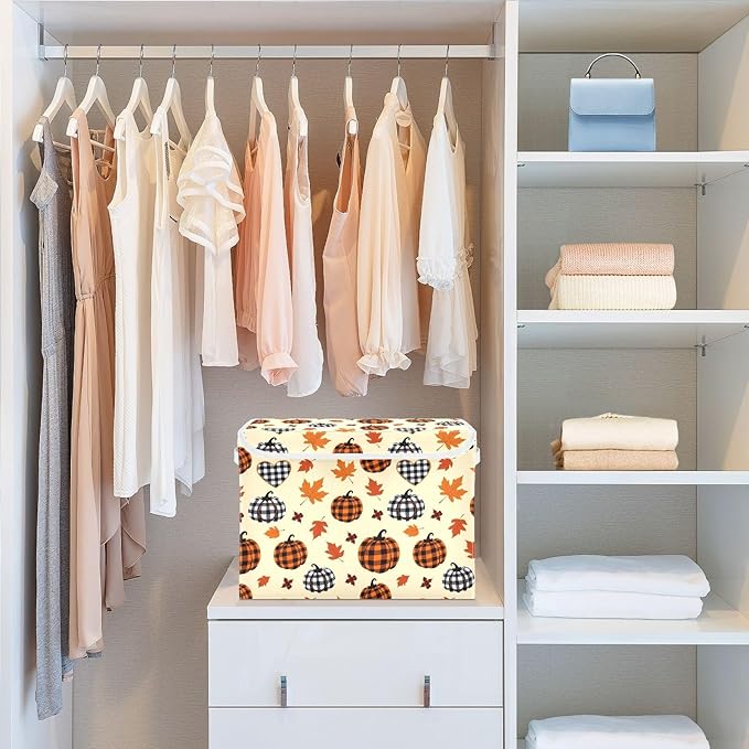Bolaz Storage Bins with Lids and Handles,Pumpkin Maple Leaf Pattern Storage Box Basket with Cover Collapsible Organizer Containers for Home Closet, Shelves