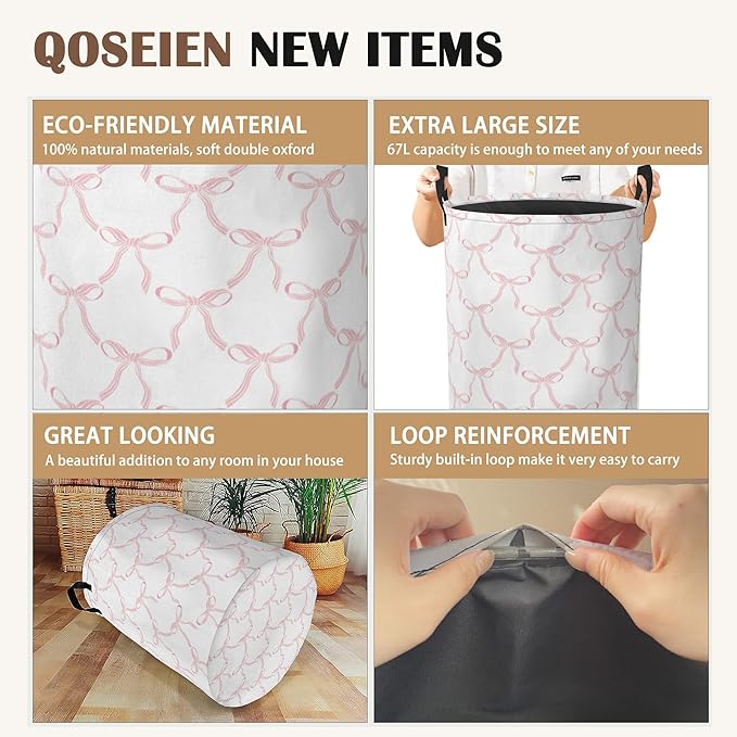 Cute Pink Bows Collapsible Laundry Baskets,Laundry Hamper,Storage Basket with Handles for Bathroom Bedroom College Dormitory Living Room Nursery Organizer 16"x20"