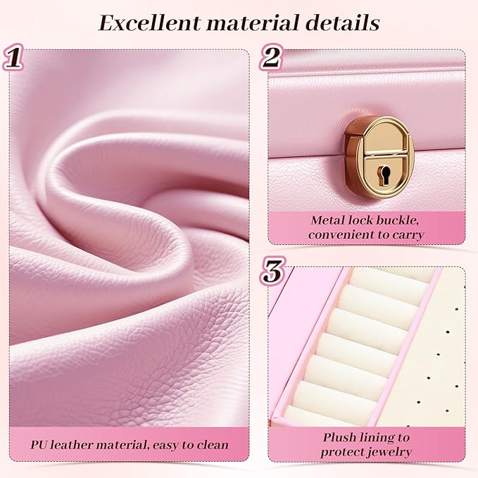 EnHomee Jewelry Box for Women, 5-Layer Large Jewelry Organizer with Mirror & 4 Drawers for Rings, Earrings, Necklaces, Bracelet Lockable Case with Lock (Pink + Gold)