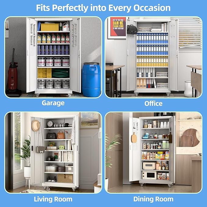 Garage Storage Cabinet with Wheels and Pegboard, Metal Storage Cabinet with 5 Adjustable Shelves for Garage Warehouse Office Utility Room,Required Assembly,71" H×34" W×18" D,White