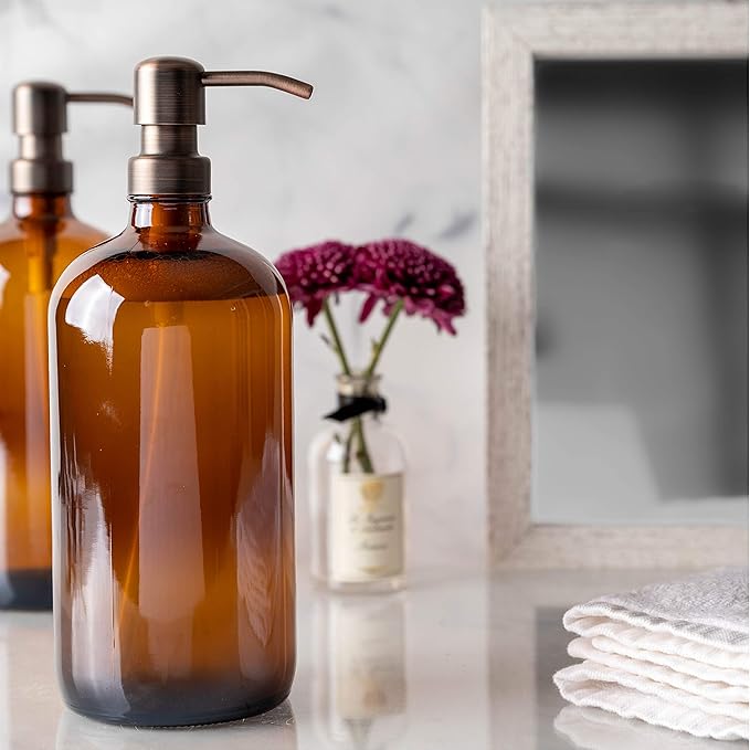 Kitchentoolz Large Pump Bottle - 32 Ounce Glass Shampoo and Soap Dispenser - Amber