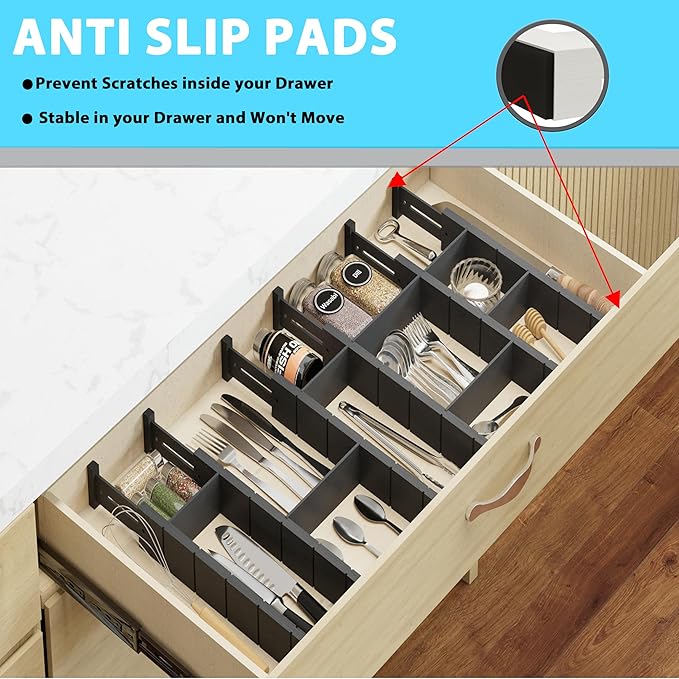 GZOOGHOME 6 Pack Bamboo Drawer Dividers with 12 Inserts, Expandable Adjustable Clothes Drawer Organizers and Storage from 17" to 22" for Kitchen, Bedroom, Dresser, Cosmetics (Black)