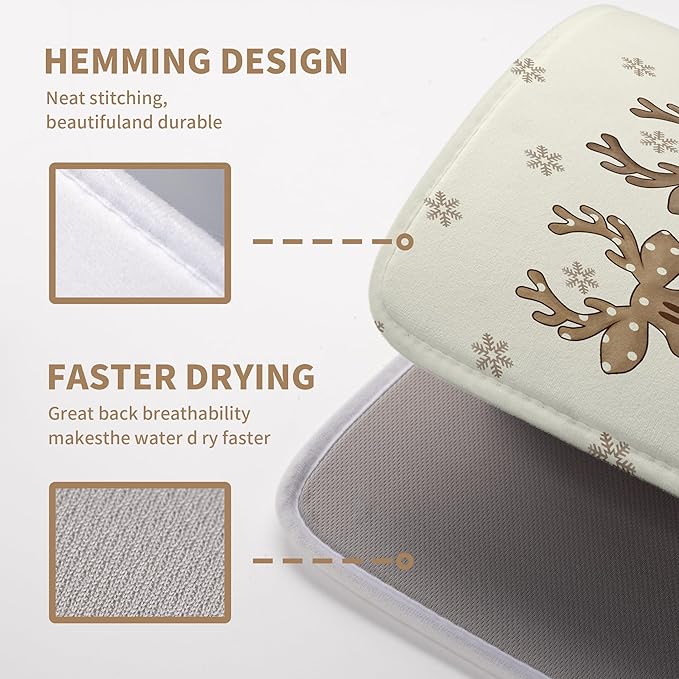 Wnoesat Christmas Reindeer Snowflakes Dish Drying Mat for Kitchen Counter 18x24 Inch Winter Xmas Holiday Drying Pads Microfiber Absorbent Dish Draining Mat Large Dish Drainer Rack Mat