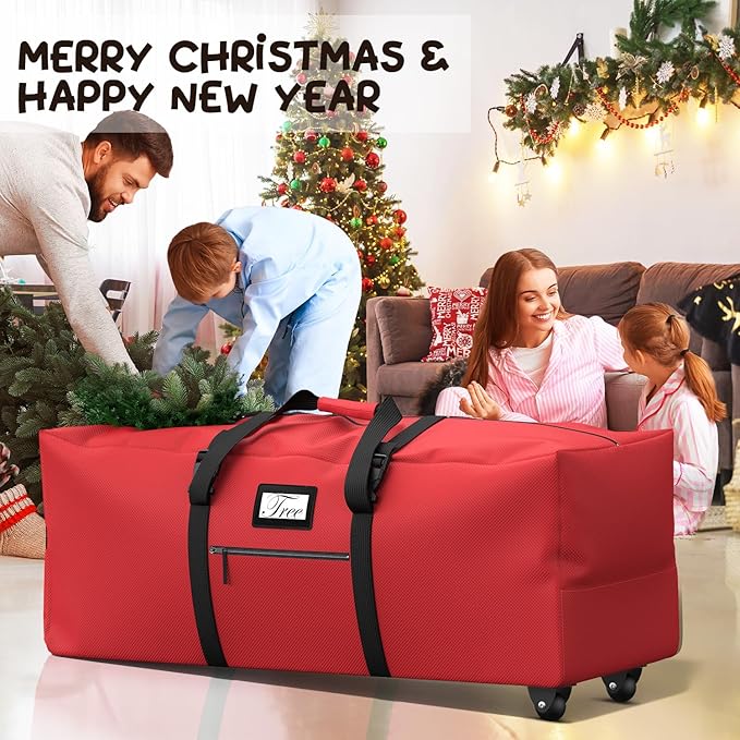 Mrrihand Christmas Tree Storage Bag, Large Artificial Anti-Tear Heavy-Duty 600D Oxford Cloth Xmax Christmas Tree Storage Box with Rolling Wheels, Christmas Tree Storage Container (Red, 7.5Ft)