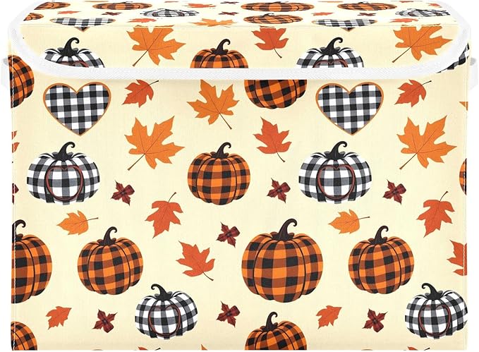 Bolaz Storage Bins with Lids and Handles,Pumpkin Maple Leaf Pattern Storage Box Basket with Cover Collapsible Organizer Containers for Home Closet, Shelves