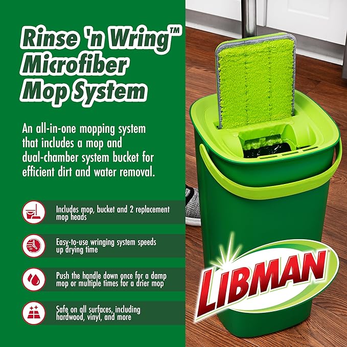 Libman Rinse 'n Wring Mop and Bucket System, Microfiber Dry Wet Mop for Floor Cleaning, Hardwood, Laminate, Tile Cleaner, Dual Chamber Bucket Design, 2 Total Refill Replacement Head Pads