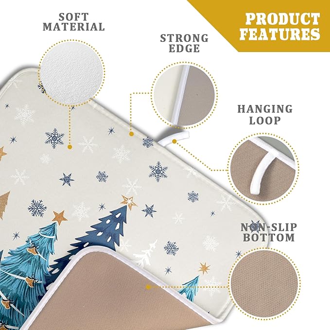 Christmas Tree Dish Drying Mat for Kitchen Counter 18x16 Inch Xmas Snowflake Drying Mat with Absorbent Reversible Microfiber House Blue Trees Dish Drainer Mats Rack Pad for Coffee Countertop Protector