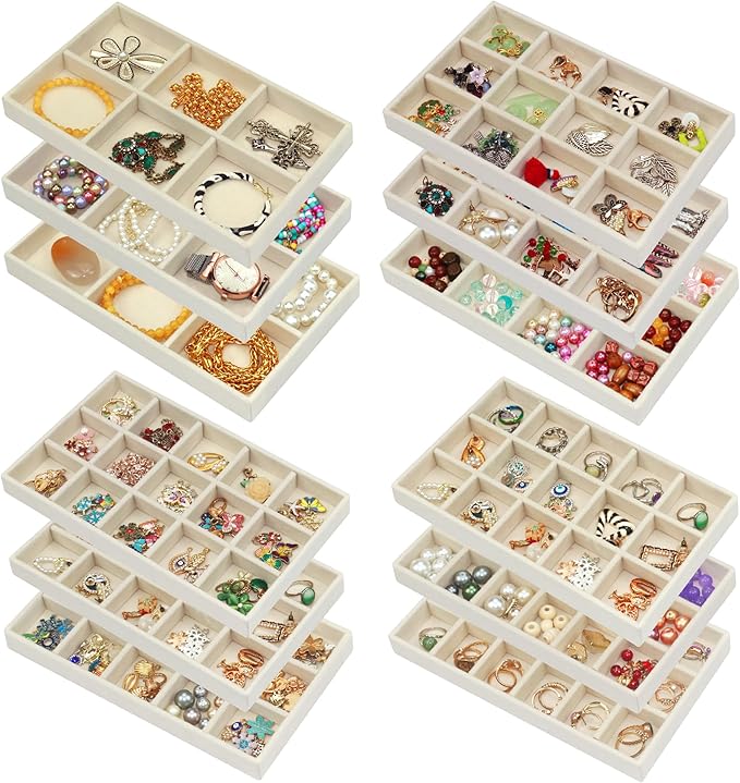 12 Pack Different Jewelry Organizer Trays for Drawer Stackable Adjustable Velvet Jewelry Box Tray Earring Holder Organizer