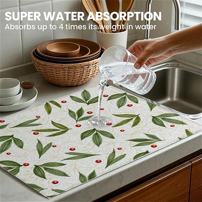 Dish Drying Mat For Kitchen Counter, Green Leaves Beige Microfiber Absorbent Dish Drainer Rack Pad Reusable Large 18x24in Drying Mat