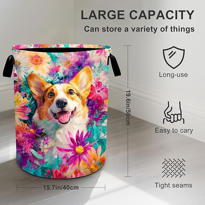 Dog Flower Laundry Basket Storage Bin Foldable Laundry Hamper Clothes Storage Bucket Organizer 19.6x15.7 Inch For Laundry Room/Bedroom/Bathroom