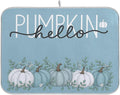 Fall Pumpkin Aqua Blue Dish Drying Mat for Kitchen Countertop 16x18 Eucalyptus Leaves Turquoise Autumn Small Drying Mat Reusable Quick Dry Dish Sink Mats Easy Clean Decorative Essentials