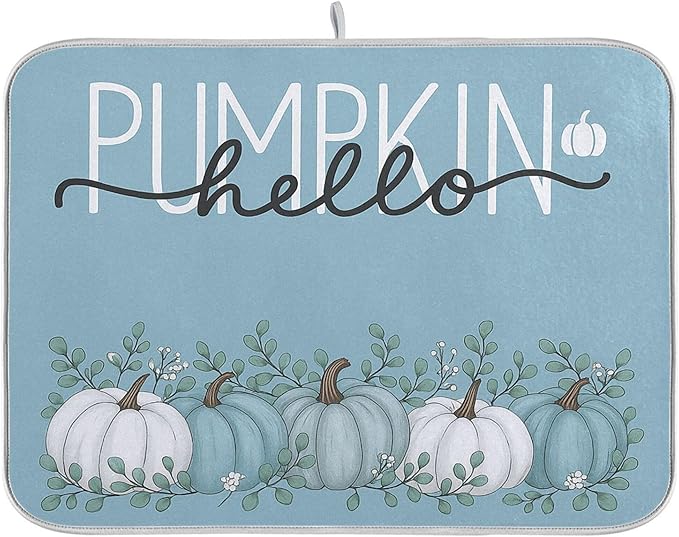 Fall Pumpkin Aqua Blue Dish Drying Mat for Kitchen Countertop 16x18 Eucalyptus Leaves Turquoise Autumn Small Drying Mat Reusable Quick Dry Dish Sink Mats Easy Clean Decorative Essentials