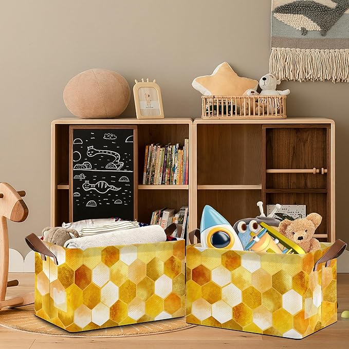 Honeycomb Storage Baskets,Bee Foldable Organizer Bin with Handles for Home Living Room Bedroom Closet Box 17x11.5x10Inch