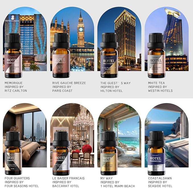 Hotel Diffuser Oil Gift Set - Inspired by 5-Star Hotel Scents - My Way,Ritz Carlton,Westin White Tea,Baccarat,Four Seasons,Hilton,Beachfront Villa,Paris Coast, Fragrance Oil Set