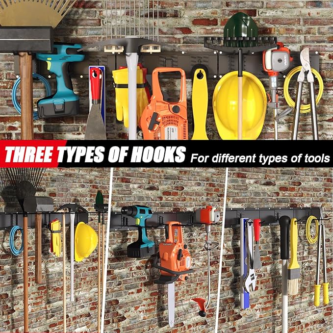 64 Inches Garage Organization, Wall Mount Garden Tool Organizer, 880lbs Adjustable Heavy Duty Metal Hanging Hooks, Garden Tool Storage Rack for Garage, Yard, and Shed (4 Racks, 12 Hooks)