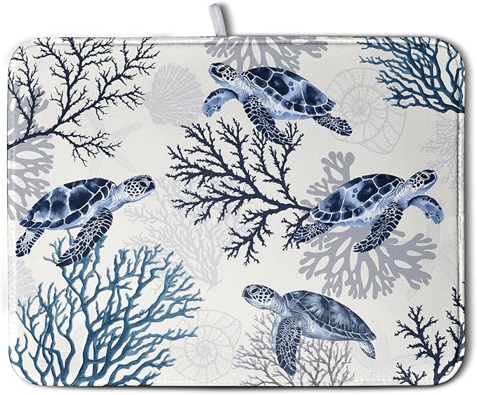 Summer Nautical Coastal Dish Drying Mat for Kitchen Counter Ocean Coral Sea Turtle Drying Rack Mats Beach Blue Dishes Drainer Mat Absorbent Microfiber Large Dish Draining Pad 18x24 Inch
