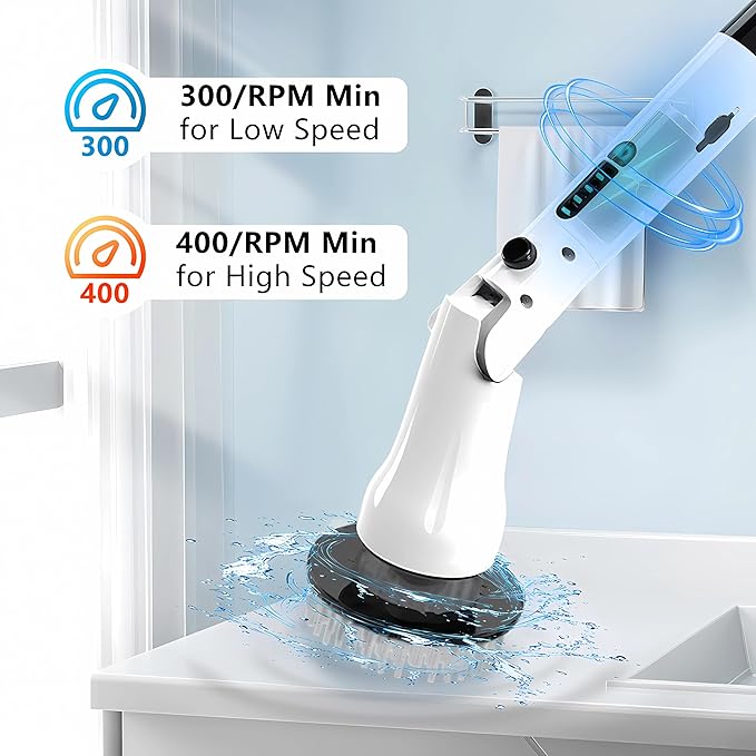 Electric Spin Scrubber, Hillyfe Bathroom Scrubber Electric with 7 Replaceable Brush Heads, IPX7 Waterproof,300/400 RPM, 3 Adjustable Length,Scrubber Brush Electric for Bathtub Floor,White