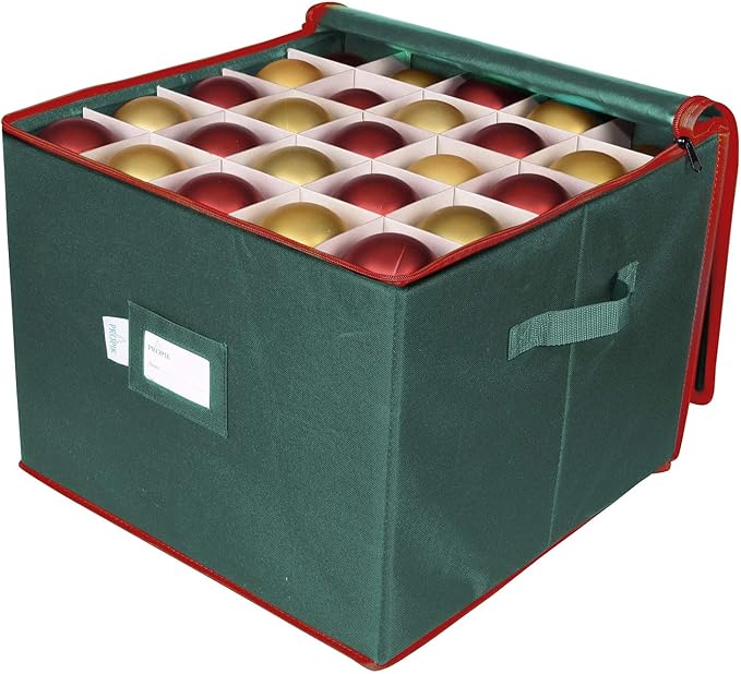 ProPik Large Christmas Ornament Storage Box, Organizer Holds Up to 75 Xmas Ornaments Balls, Holiday Decorations Accessories Storage Container with Dividers, Durable 600D Oxford (Green)