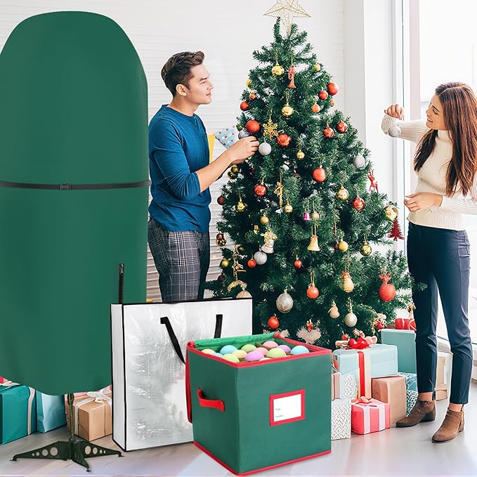 SATINIOR 6 Pcs Upright Christmas Tree Storage Bag Set 5 Ft Christmas Tree Storage Bag 26" Xmas Wreath Containers 11.8" Ornament Bags with Dividers Hold 64 Balls for Artificial Trees Garland(Green)