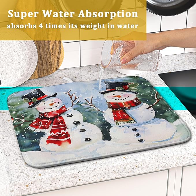 ABSOP Winter Dish Drying Mat 16 x 18 Inch Xmas Snowman Pattern Dish Drying Pad Absorbent Microfiber Mats for Christmas Dish Rack Pad for Kitchen Counter Coffee Bar Decor