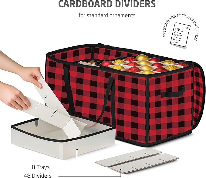 ZOBER Christmas Ornament Storage Box Plastic - Stores 128 3" Ornaments with Individual Trays - Ornament Organizer Storage Box, Durable Christmas Containers Holder - Plaid