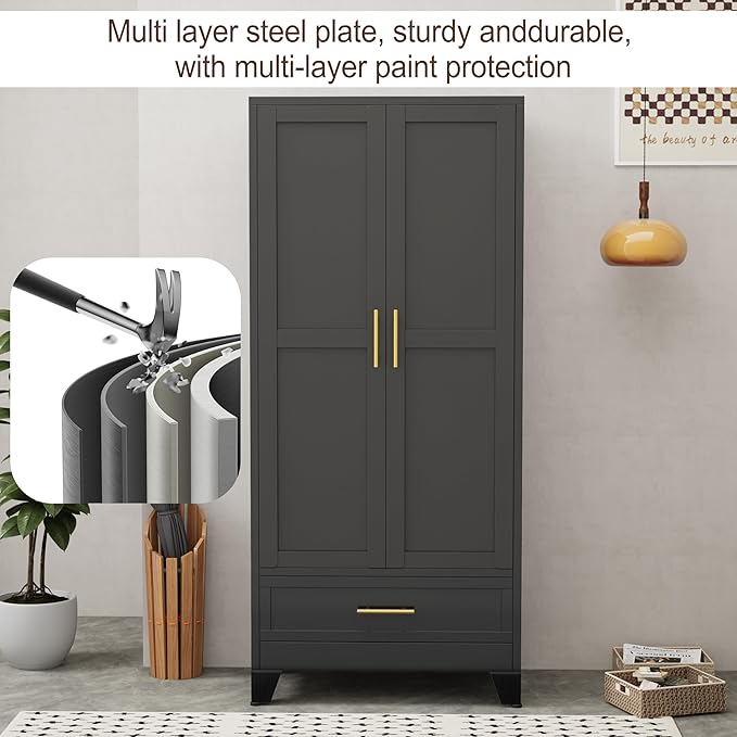 71"H Metal Tall Armoire Wardrobe Closet with Drawer,Household Steel Wardrobe Closet Cabinet with Drawers,Clothing Storage Wardrobes Cabinet with Adjustable Shelves and Hanging Rod For Bedroom