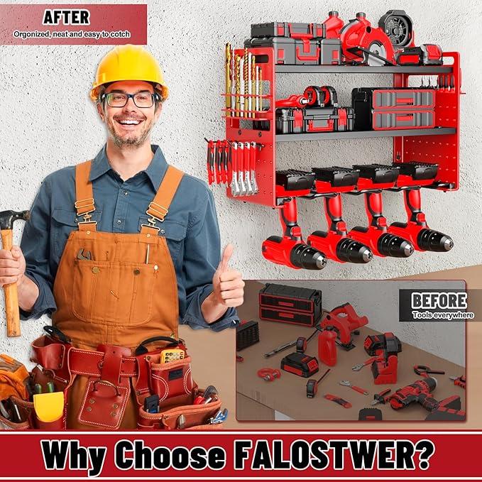 FaloStwer Modular Power Tool Organizer Wall Mount, Garage Drill Storage Shelf with Hooks, Heavy Duty Metal Premium Garage Tool Shelf, Gift for Man Cordless Tool Storage Rack (Red)