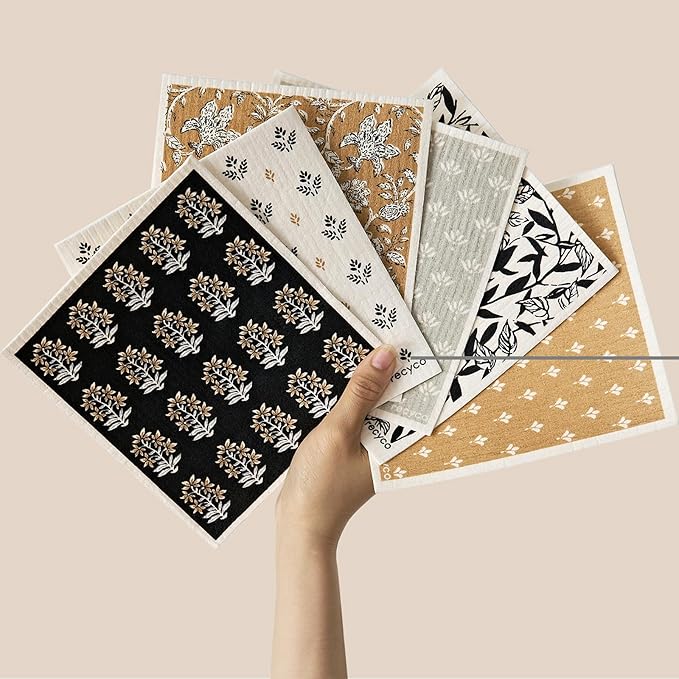 RECYCO Swedish Dishcloths for Kitchen | 6 Pack Heritage Florals Neutral Washable Dish Rags | Cellulose Reusable Cleaning Paper Towels | Absorbent Counter Dish Cloth Sponge Kitchen Wipes, 8" L x 7" W