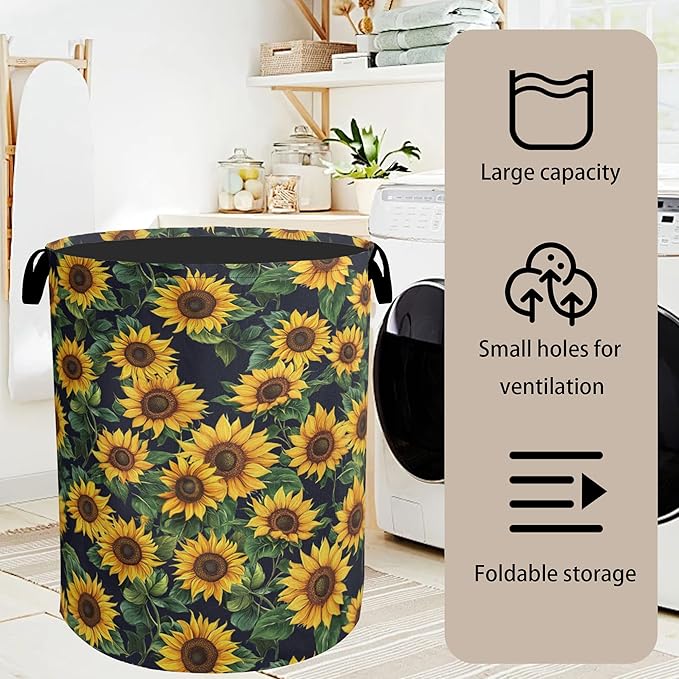 Sunflower Laundry Basket with Handles - Extra Large Foldable Hamper for Bathroom/Laundry/Bedroom/Dorm, Washable Fabric Storage Bin
