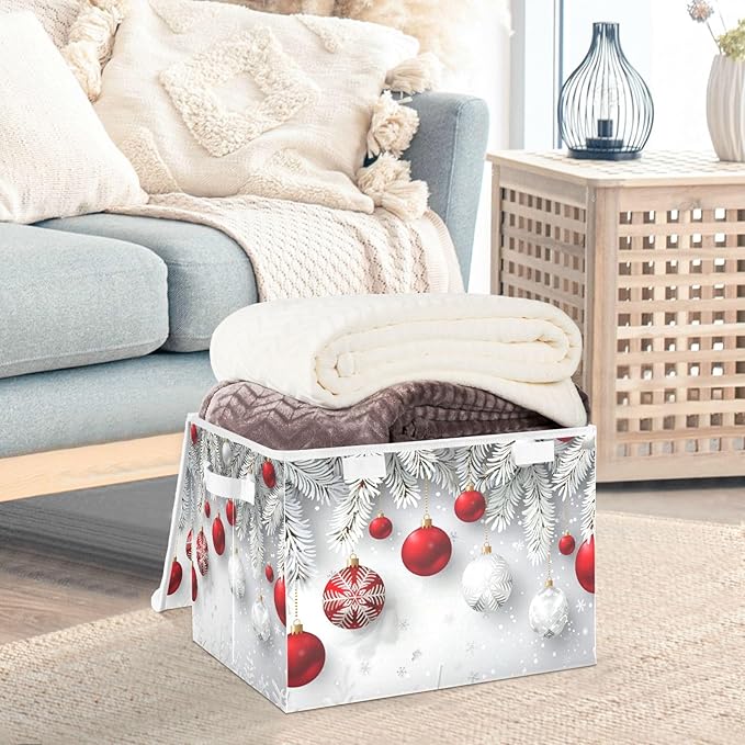 senya Christmas Baskets Collapsible Storage Bins with Lids, Christmas Snowflakes Balls Pattern Storage Boxes Clothes Baskets for Organizing, B06D22020