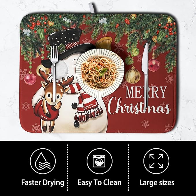 Kwlegh Christmas Dish Drying Mats for Kitchen Counter 16x18 Cute Snowman Red Dish Drying Pad for Dishes Winter Xmas Holiday Dish Draining Mat Absorbent Microfiber Dish Drainer Rack Mats