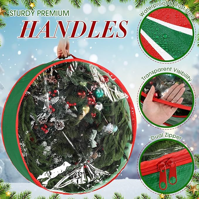 4 Pack 36 Inch Wreath Storage Containers, Hard Shell Christmas Garland Storage Bags with Handle Dual Zipper, Large Red Green Round Storages Box for Xmas Valentine Winter Wreath