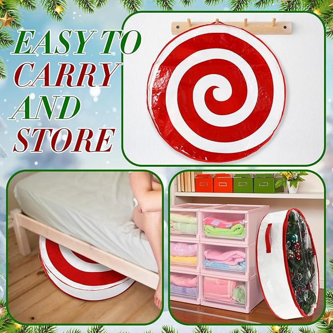 4 Pcs 30 Inch Christmas Wreath Storage Bag Candy Cane Wreath Storage Container Clear Window Dual Zipper Handle Red White Peppermint Garland Organizer for Holiday Decoration, Classic Lollipop