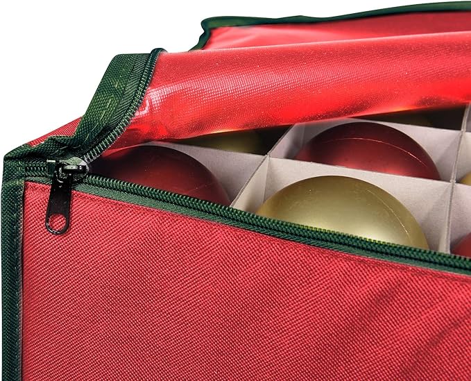 ProPik Large Christmas Ornament Storage Box, Organizer Holds Up to 75 Xmas Ornaments Balls, Holiday Decorations Accessories Storage Container with Dividers, Durable 600D Oxford (Red)