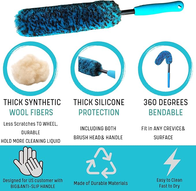 oesee 6PCS Car Wheel Cleaning Detailing Pro Kit, Tire Brush, 2 PCS Soft Woolies Rims Brush, Detailing Brush, and Tire Dressing Pads, Scratch-Free & Multipurpose Tire Brush